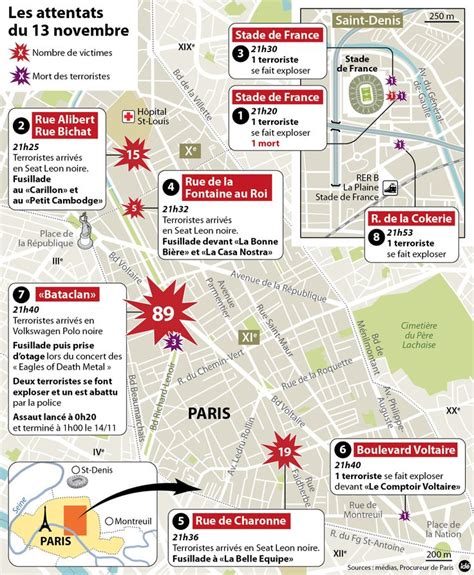 Carte des lieux des attentats du 13 novembre 2015 à Paris
