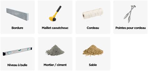 Outils nécessaires pour la pose de bordures : pelle, niveau, cordeau, truelle