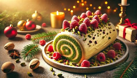une table de fête décorée avec une bûche de Noël artisanale