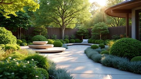 Vue panoramique d'un jardin paysager harmonieux avec zones de détente distinctes et végétation luxuriante