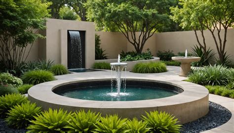 Fontaine de jardin moderne entourée de fleurs et de galets