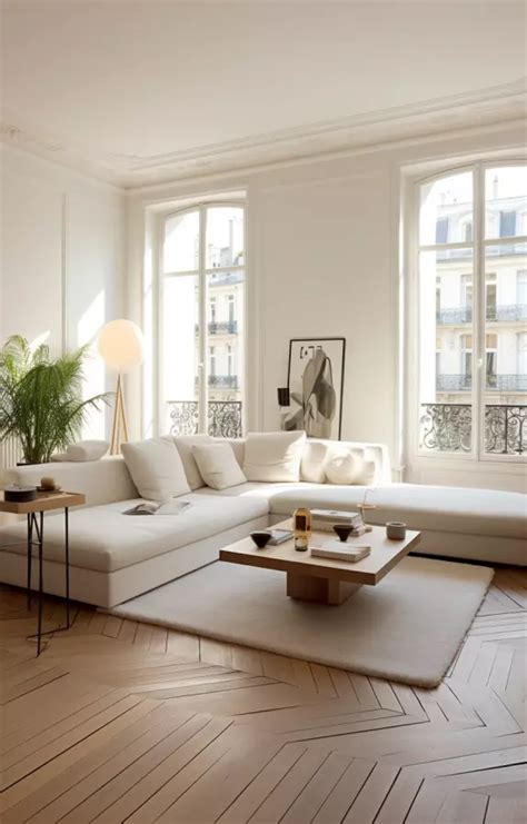 Vue d'ensemble d'un salon minimaliste avec une branche de cognassier sépia comme élément décoratif central