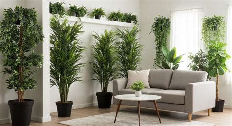 Salon avec des plantes artificielles intégrées harmonieusement