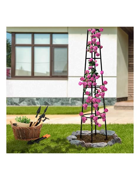 Obélisque floral en acier noir soutenant un rosier grimpant