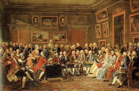 Gravure représentant un salon littéraire au XVIIIe siècle
