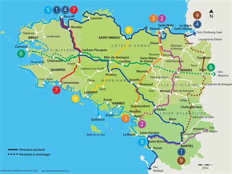 Carte des canaux de Bretagne avec les itinéraires cyclables