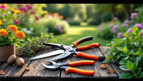 Infographie montrant les outils indispensables : sécateur, scie d'élagage, gants et désinfectant