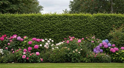 une haie d'hortensias en fleurs dans un jardin paysager