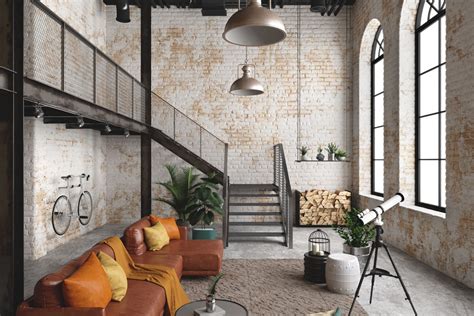 un coin salon de style loft avec un mur en brique, une plante grimpante type lierre et une suspension à grosse ampoule vintage