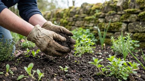 Mains travaillant la terre dans un jardin fleuri