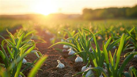 Gros plan sur des plants d'ail en croissance sur une butte de permaculture recouverte de paillis