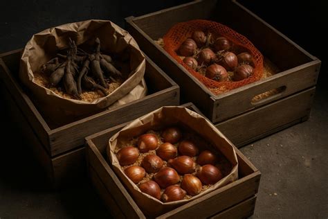Schéma illustrant le stockage des bulbes de dahlias dans un endroit frais et sec