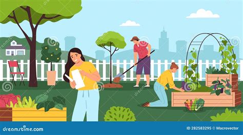 Illustration d'un jardin partagé avec plusieurs personnes en train de jardiner ensemble