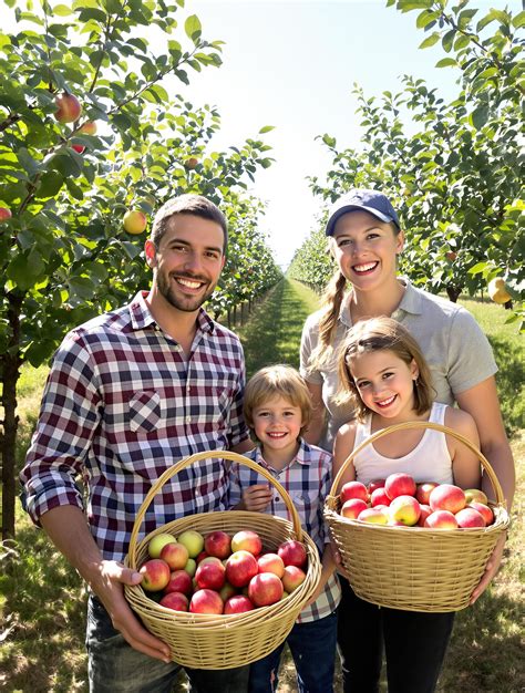 Famille cueillant des pommes dans un verger, avec des enfants
