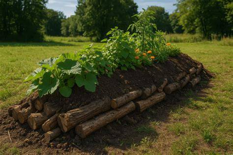 Photo d'une butte Hugelkultur terminée avec des plantations variées