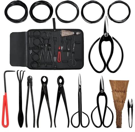 Vue d'ensemble d'un kit d'outils pour bonsaï incluant pinces, ciseaux et fils de cuivre