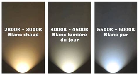 Comparaison visuelle des différentes températures de couleur d'ampoules (jaune, blanc chaud, blanc froid)