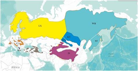 Carte de répartition des sous-espèces du Bouvreuil pivoine en Eurasie