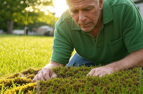 Jardinier inspectant une pelouse sans taupinières