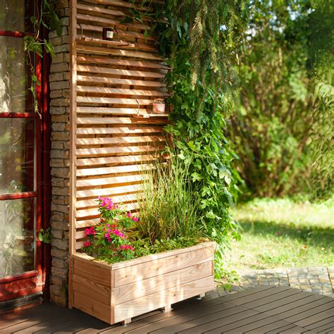 Jardinière en bois avec brise-vue et plantes grimpantes