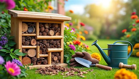 Hôtel à insectes coloré et diversifié dans un jardin fleuri