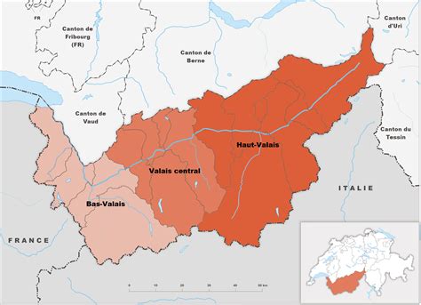 Carte du Valais indiquant les principales villes et régions