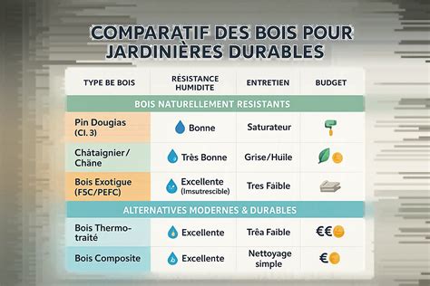 Schéma comparatif des matériaux pour jardinières : plastique, métal, bois