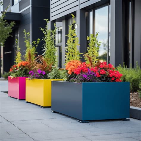 Jardinières colorées en métal disposées sur un balcon urbain
