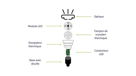 Schéma technique illustrant une ampoule LED standard avec mise en évidence des composants internes comme le driver et les filaments LED