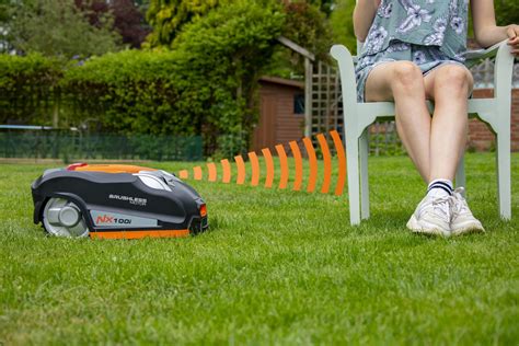 Un robot tondeuse en action dans un jardin