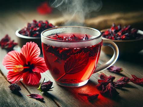 Infusion d'hibiscus rouge intense dans un verre