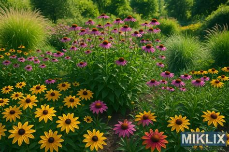 Gros plan sur des échinacées pourpres et des rudbeckias jaunes dans un massif ensoleillé.