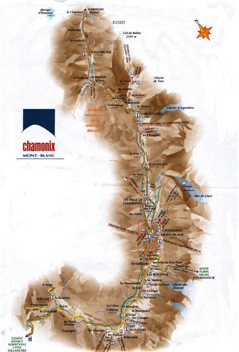 Carte de la vallée de Chamonix Mont-Blanc avec localisation des Houches