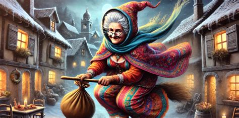 Illustration représentant la Befana, la célèbre sorcière italienne distribuant des cadeaux