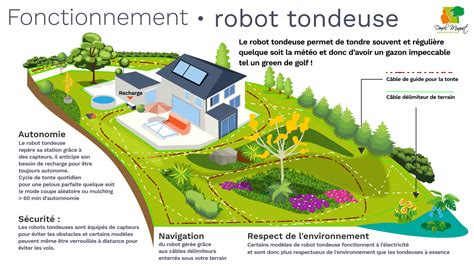 Schéma explicatif du fonctionnement d'un robot tondeuse sur une zone délimitée