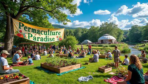 Paysage de micro-ferme en permaculture avec cultures diversifiées et animaux