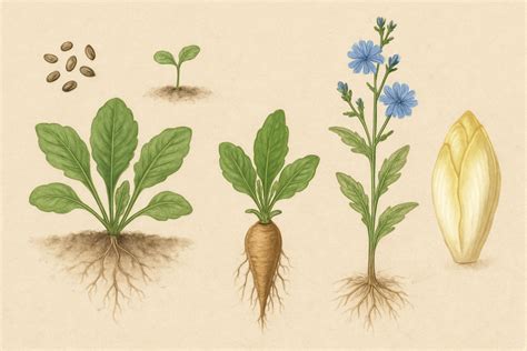 Schéma illustrant le cycle de vie de l'endive, du semis à la récolte du chicon