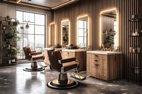 Portrait d'un salon de coiffure moderne et élégant avec des miroirs éclairés et des fauteuils confortables