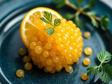 Plat gastronomique décoré avec des perles de citron caviar