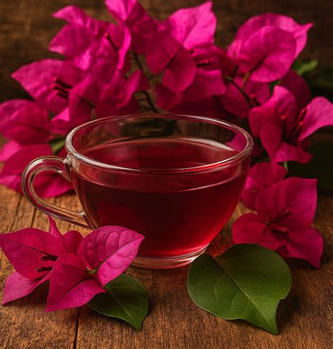 Photographie d'une infusion de fleurs de bougainvillier dans une tasse en verre, accompagnée de miel et de citron