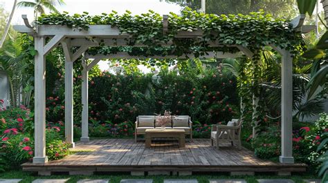 Illustration d'une pergola végétalisée avec plusieurs types de plantes grimpantes