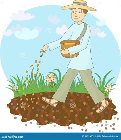 Illustration d'un semeur répandant des graines dans un champ