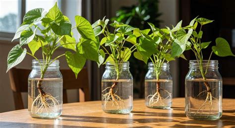 Boutures de patate douce dans un verre d'eau avec des racines