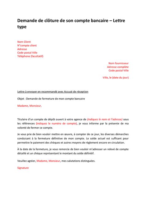 Lettre de clôture de compte bancaire