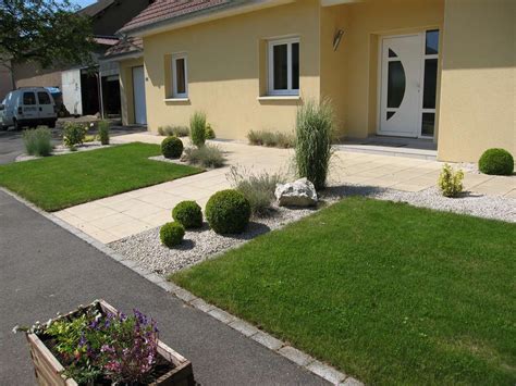 Vue d'ensemble d'un jardin paysager devant une maison avec bordures fleuries bien structurées