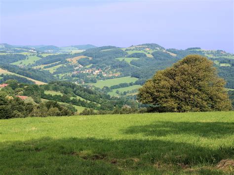 Paysage de l'Aveyron avec champs cultivés et collines en arrière-plan
