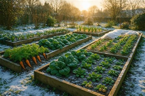 Illustration d'un potager sous la neige avec des légumes d'hiver