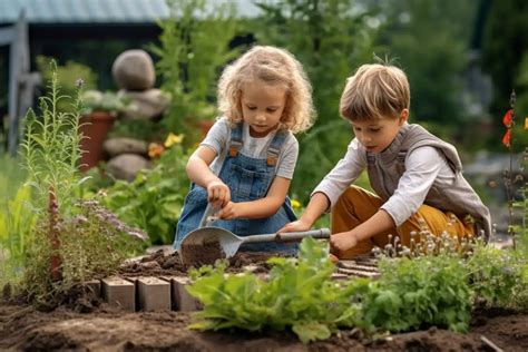 Photo d'enfants souriants en train de jardiner avec des petits outils et une box de jardinage.