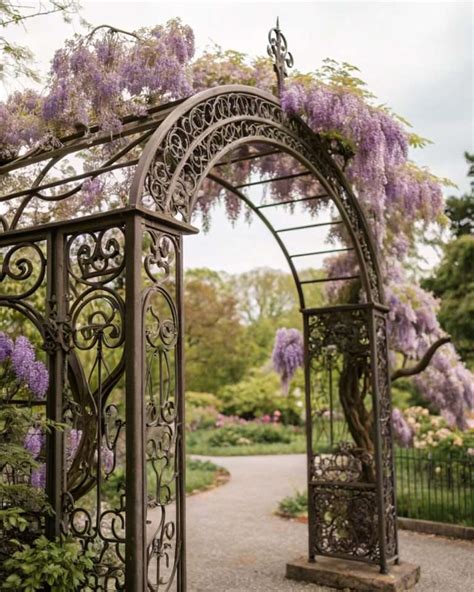 une arche de jardin recouverte de fleurs grimpantes dans un jardin fleuri