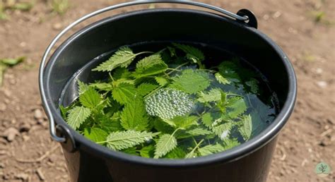Récipient rempli d'eau et d'orties en cours de fermentation